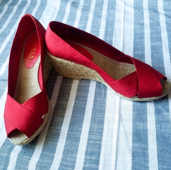 Ralph Lauren Shoes - Ralph Lauren Cecilia Red Silk Espadrille Wedge
